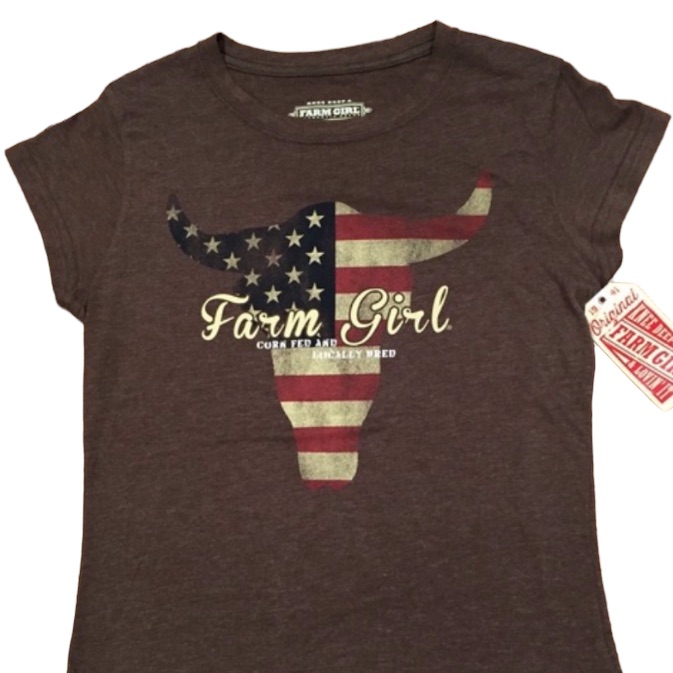 Womens Farm Girl Brand Bull American Flag Brown Tee Medium